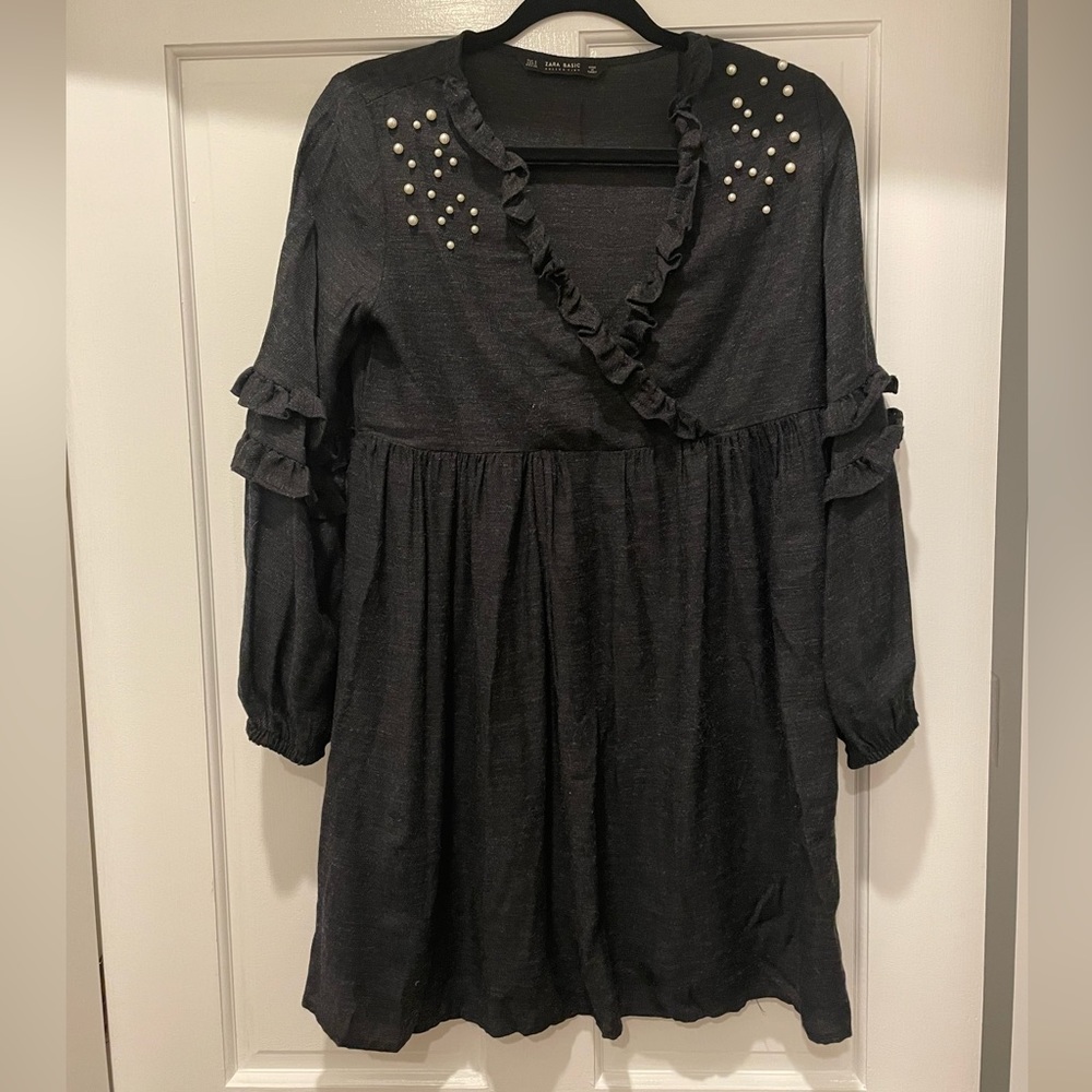 Zara V Neck Pearl Embellished Ruffle Sleeve Babydoll Dress